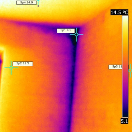 encuesta de imagen térmica de la sala, llena de GCR. En la esquina - un lugar de acumulación de humedad en el soporte en una mesa debajo de una caldera. Y como consecuencia - el puente frío (azul)